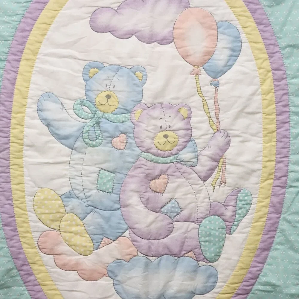Vintage Bedtime Originals Teddy Bear Balloons Pastel Baby Crib Quilt Blanket